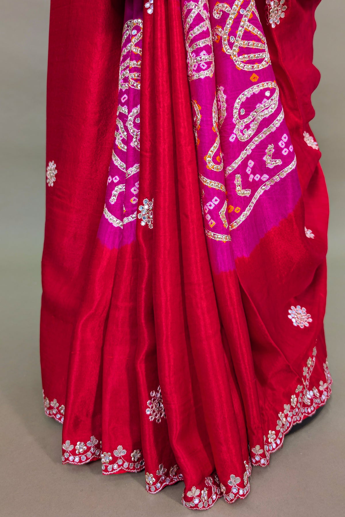 Pink and red Gaji Silk Bandhej and Applique Worked Saree