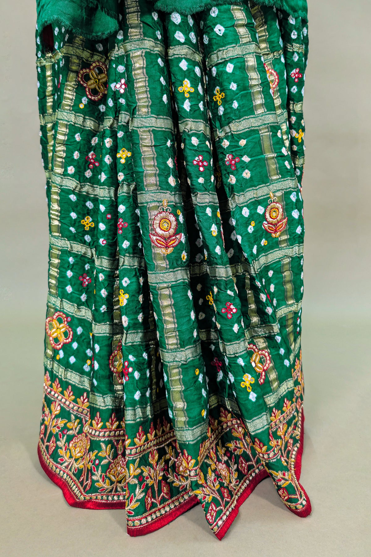 Green Gaji Silk Bandhej Gharchola Saree with Embroidery