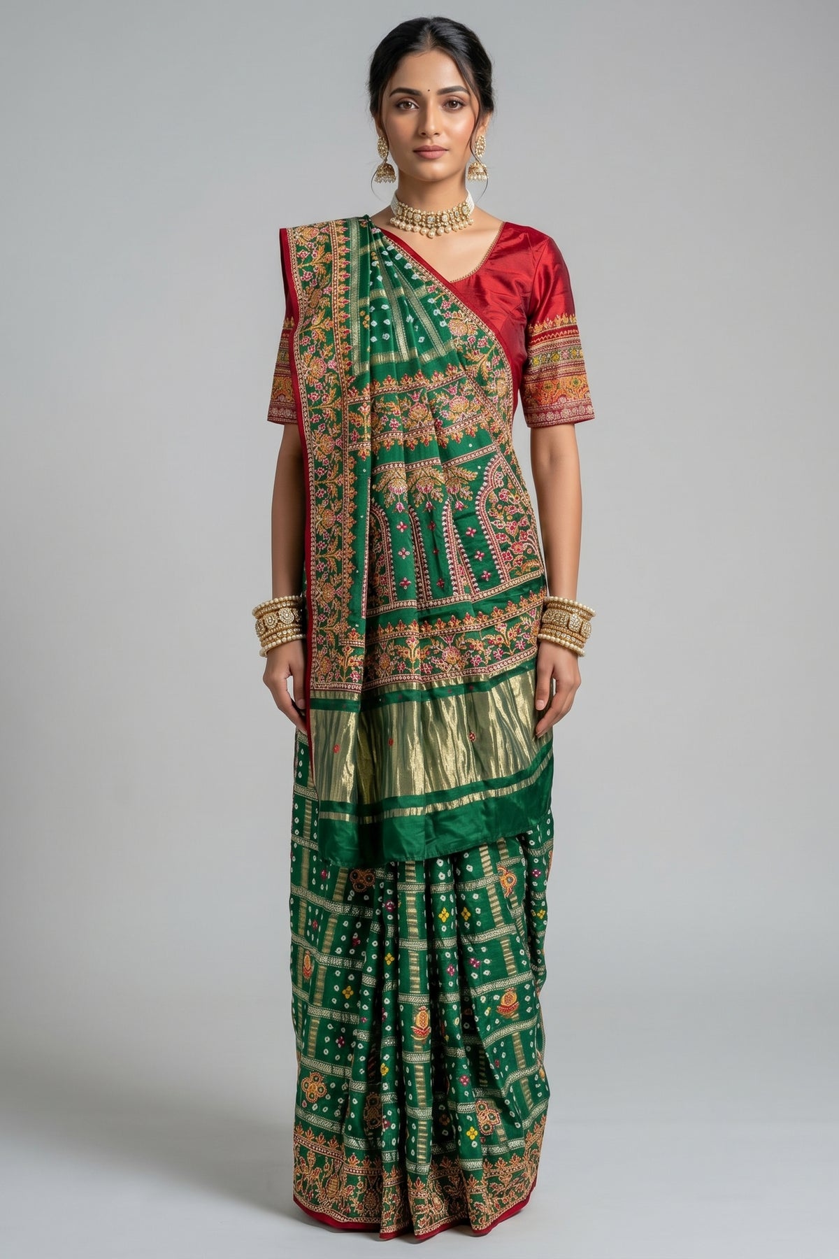 Green Gaji Silk Bandhej Gharchola Saree with Embroidery