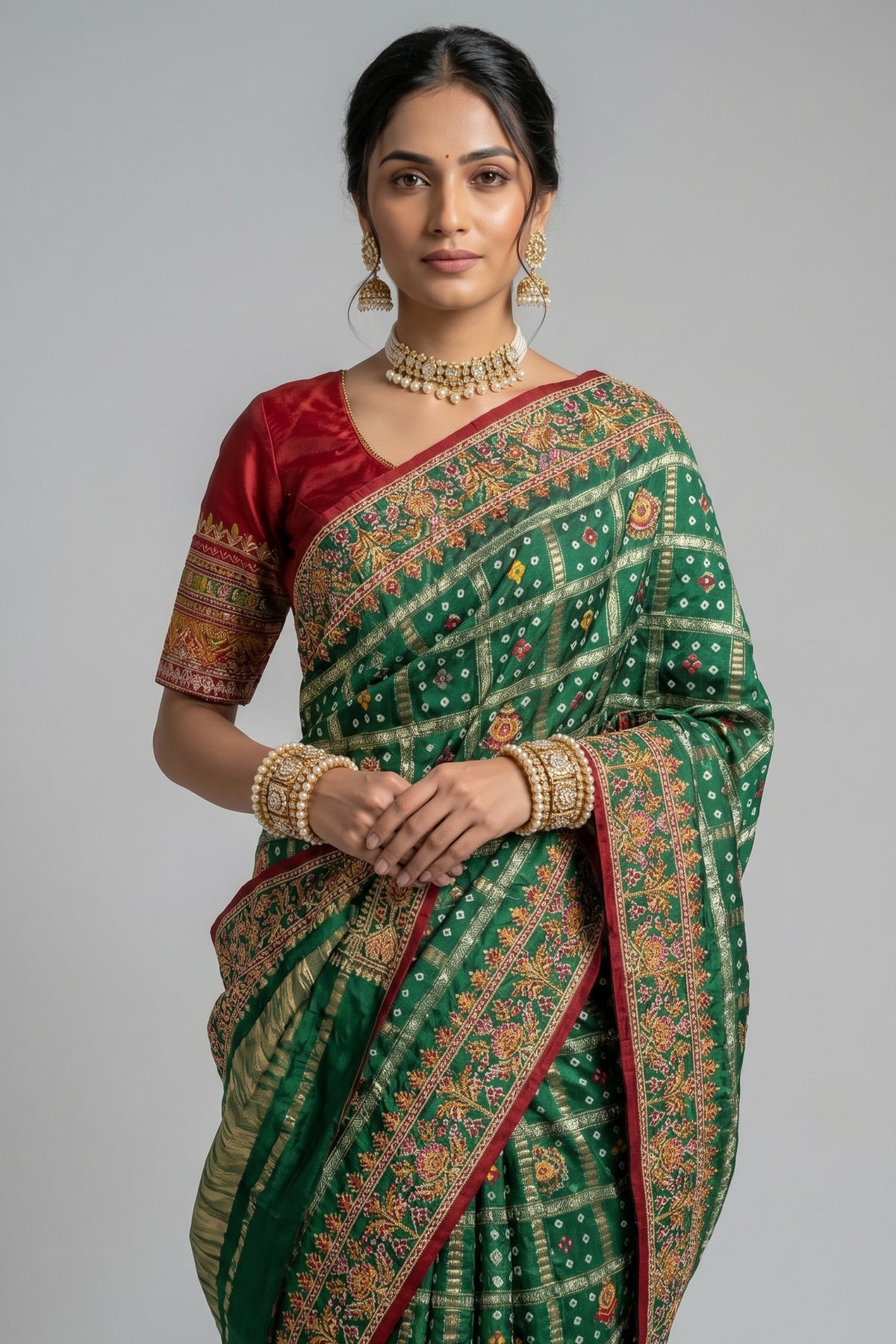 Green Gaji Silk Bandhej Gharchola Saree with Embroidery