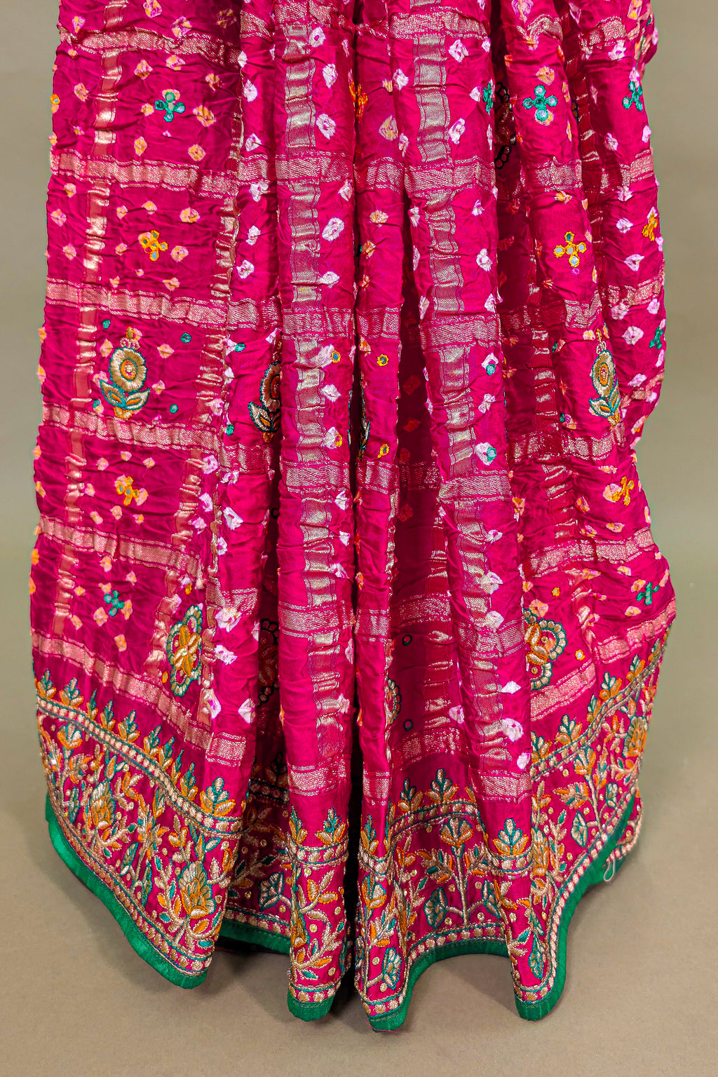 Pink Gaji Silk Bandhej Gharchola Saree with Embroidery
