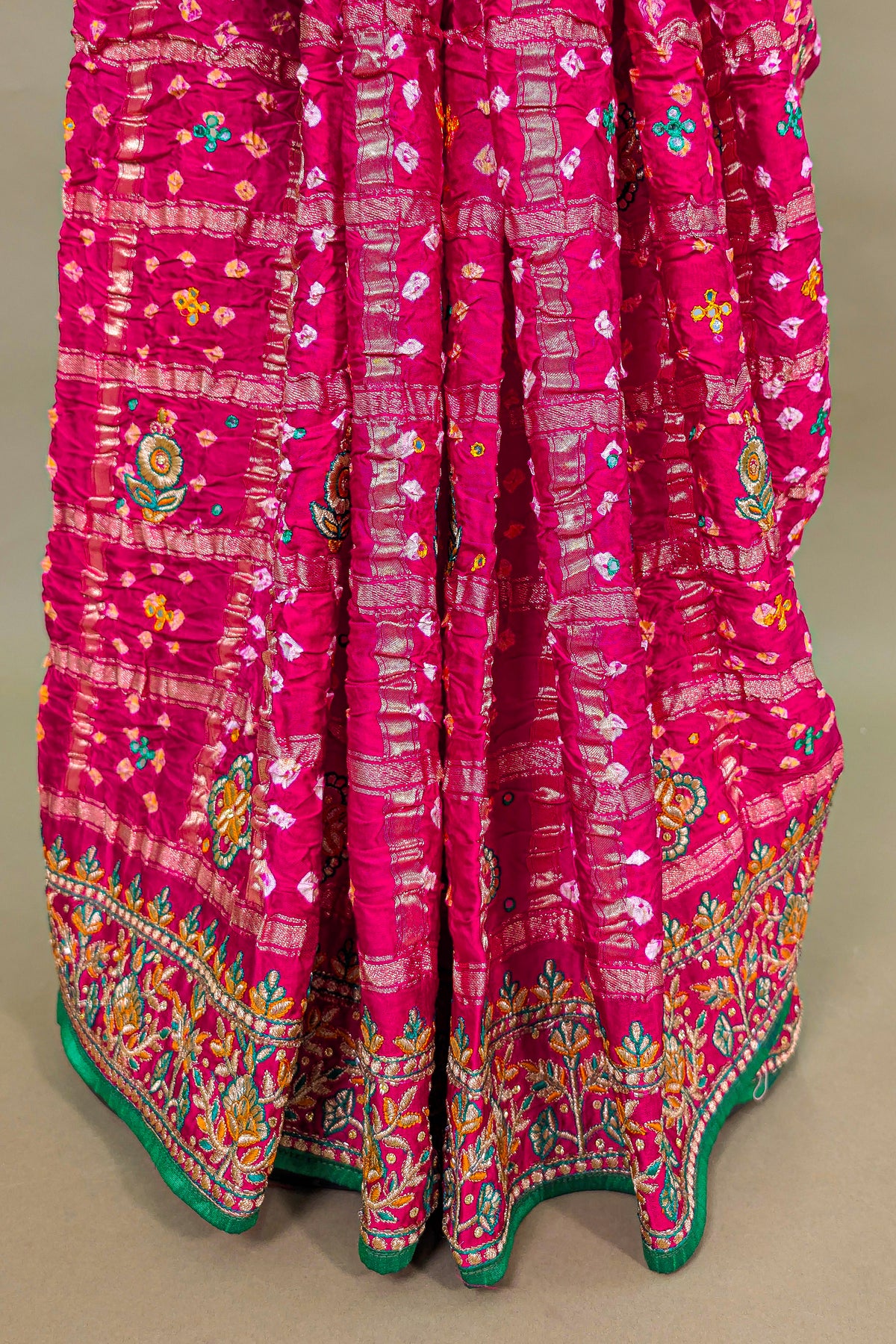 Pink Gaji Silk Bandhej Gharchola Saree with Embroidery