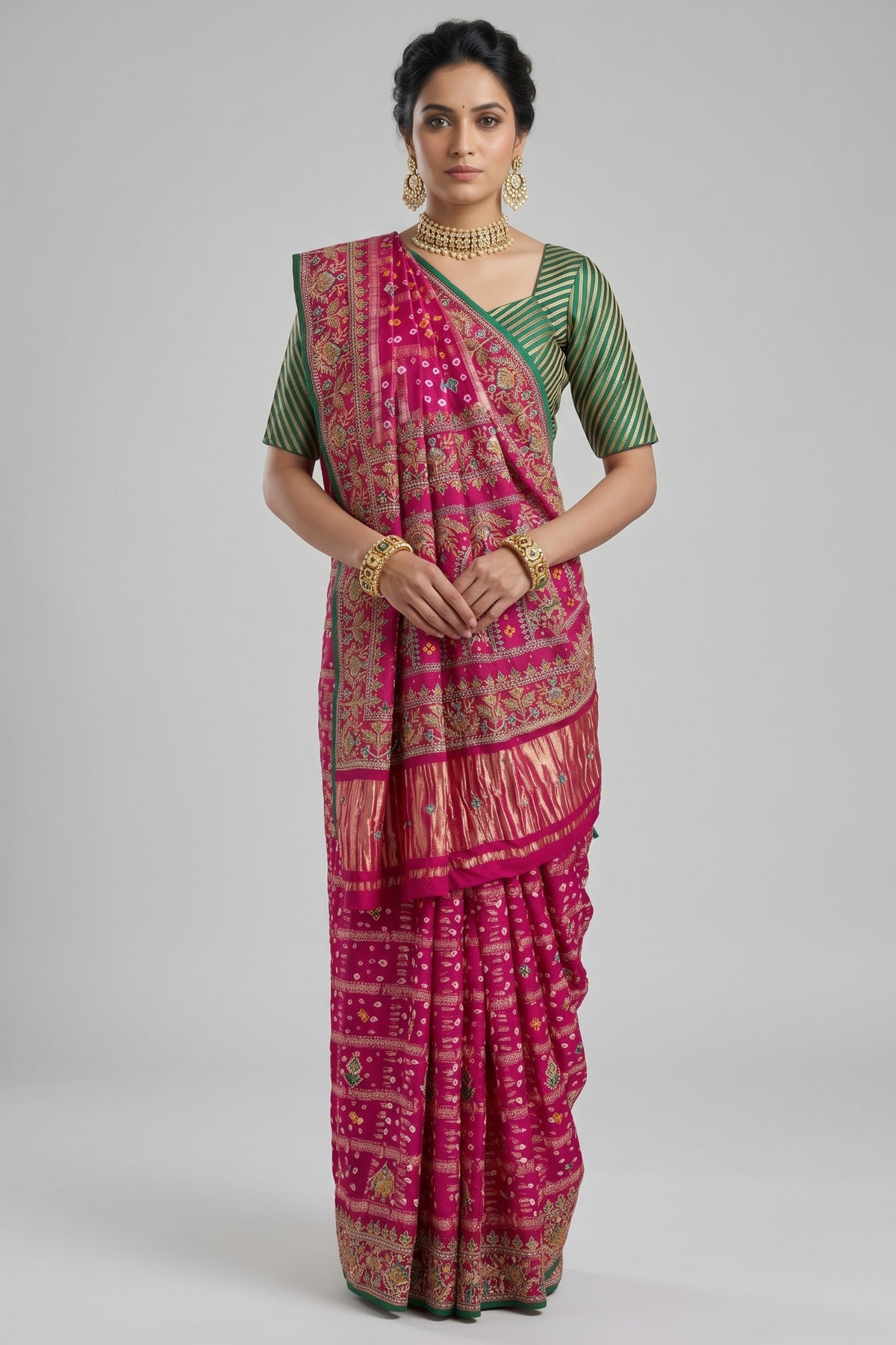Pink Gaji Silk Bandhej Gharchola Saree with Embroidery