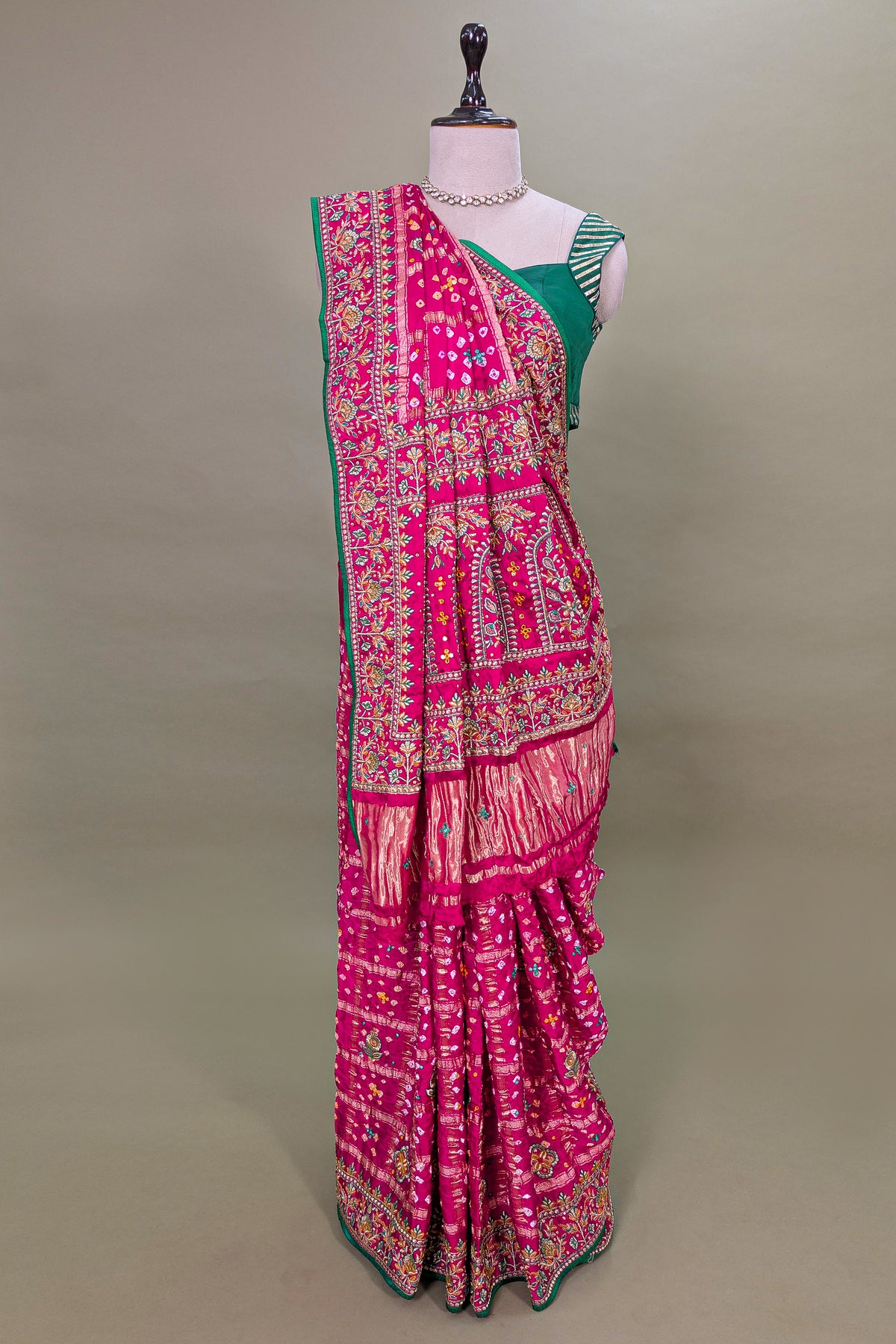Pink Gaji Silk Bandhej Gharchola Saree with Embroidery