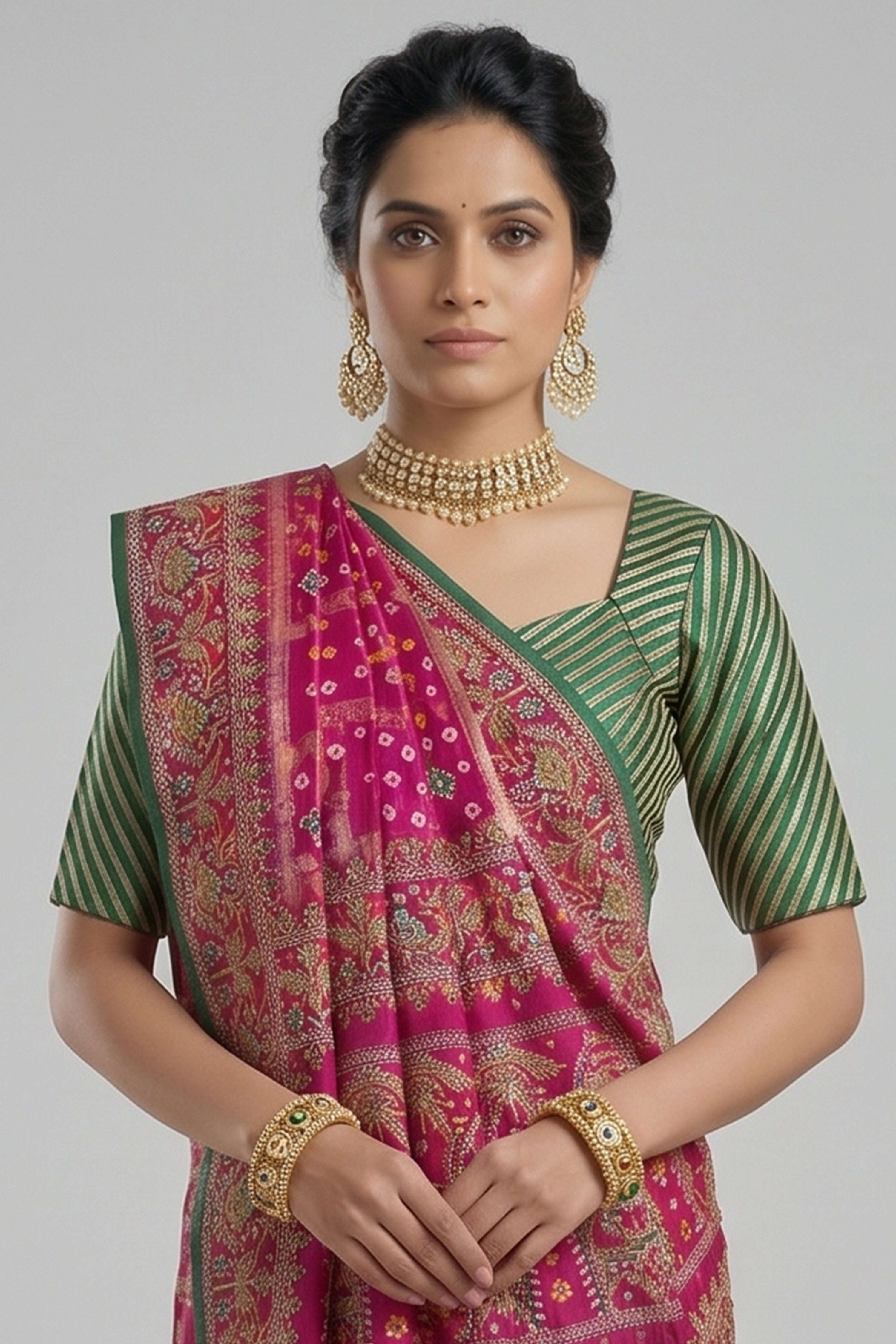 Pink Gaji Silk Bandhej Gharchola Saree with Embroidery Secondary image