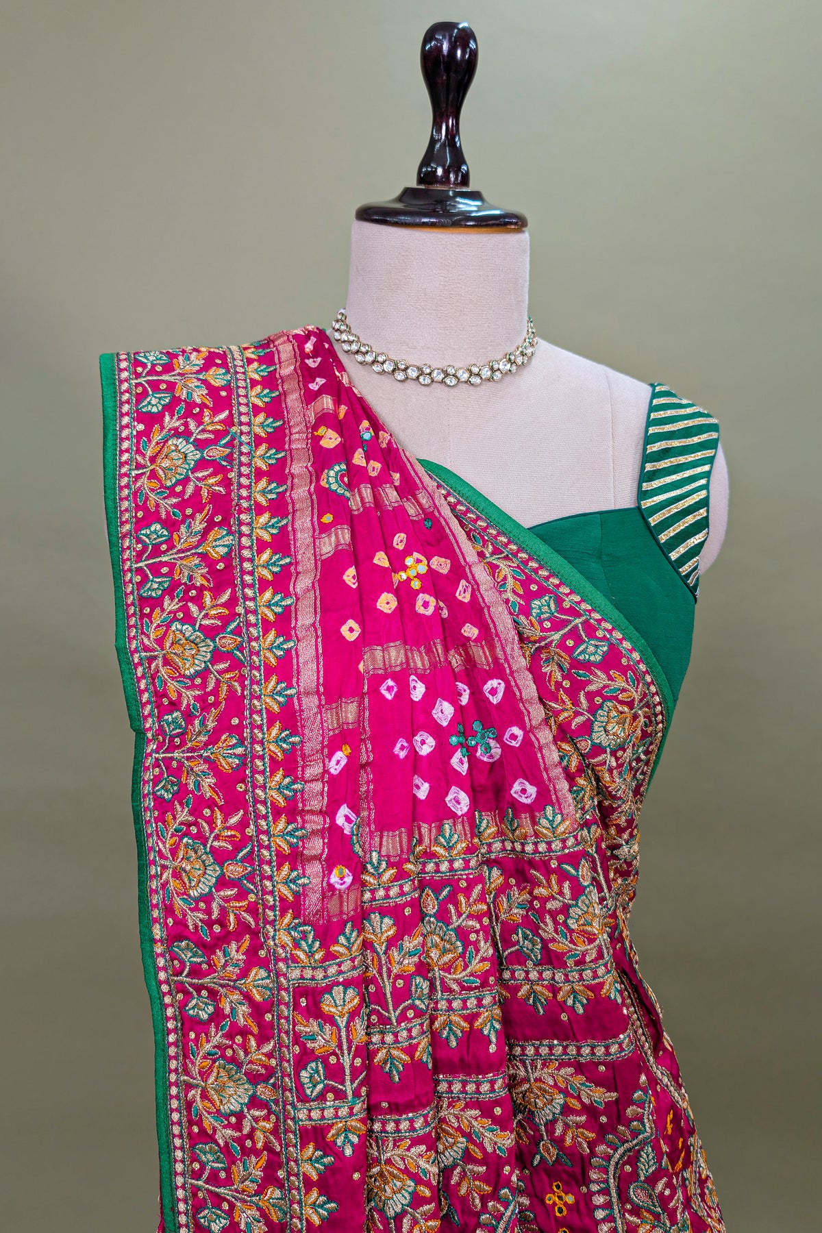 Pink Gaji Silk Bandhej Gharchola Saree with Embroidery