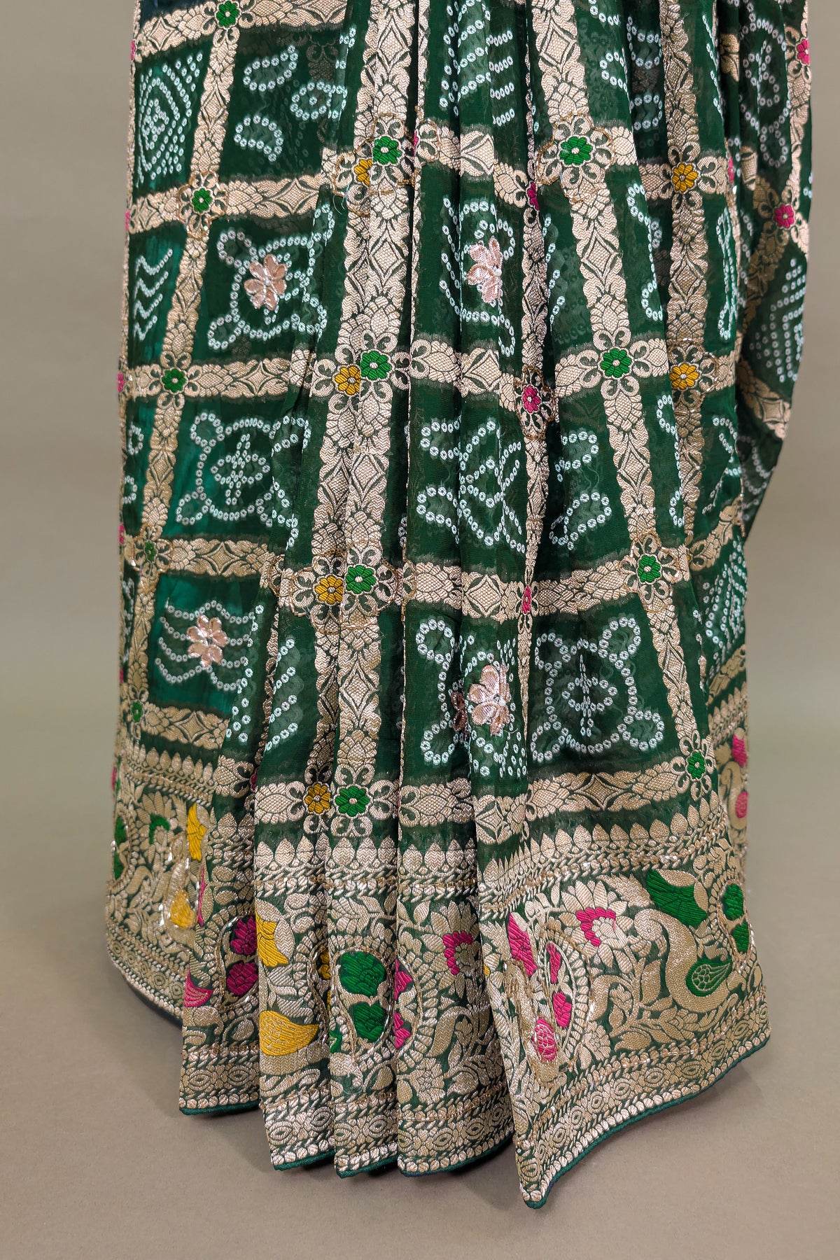 Green Georgette Bandhej Saree with Gota and Cutdana Work