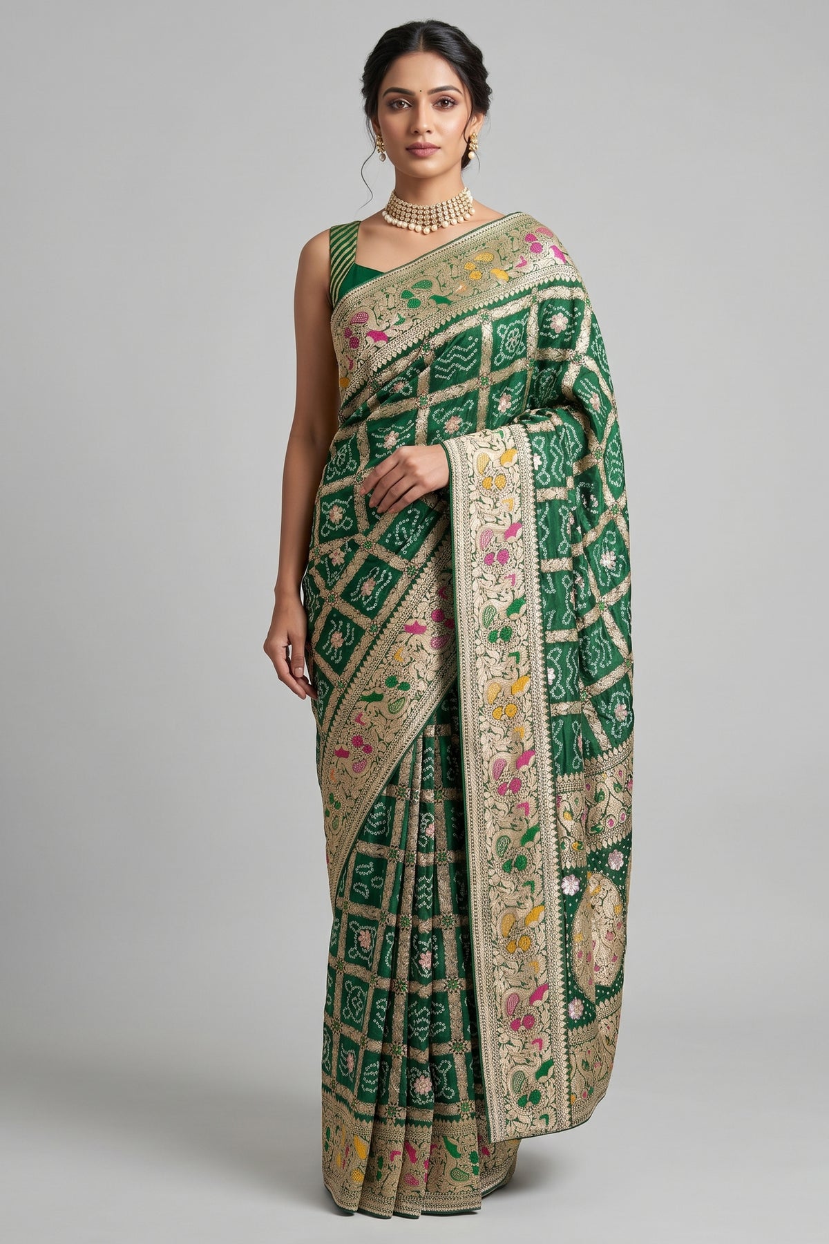 Green Georgette Bandhej Saree with Gota and Cutdana Work