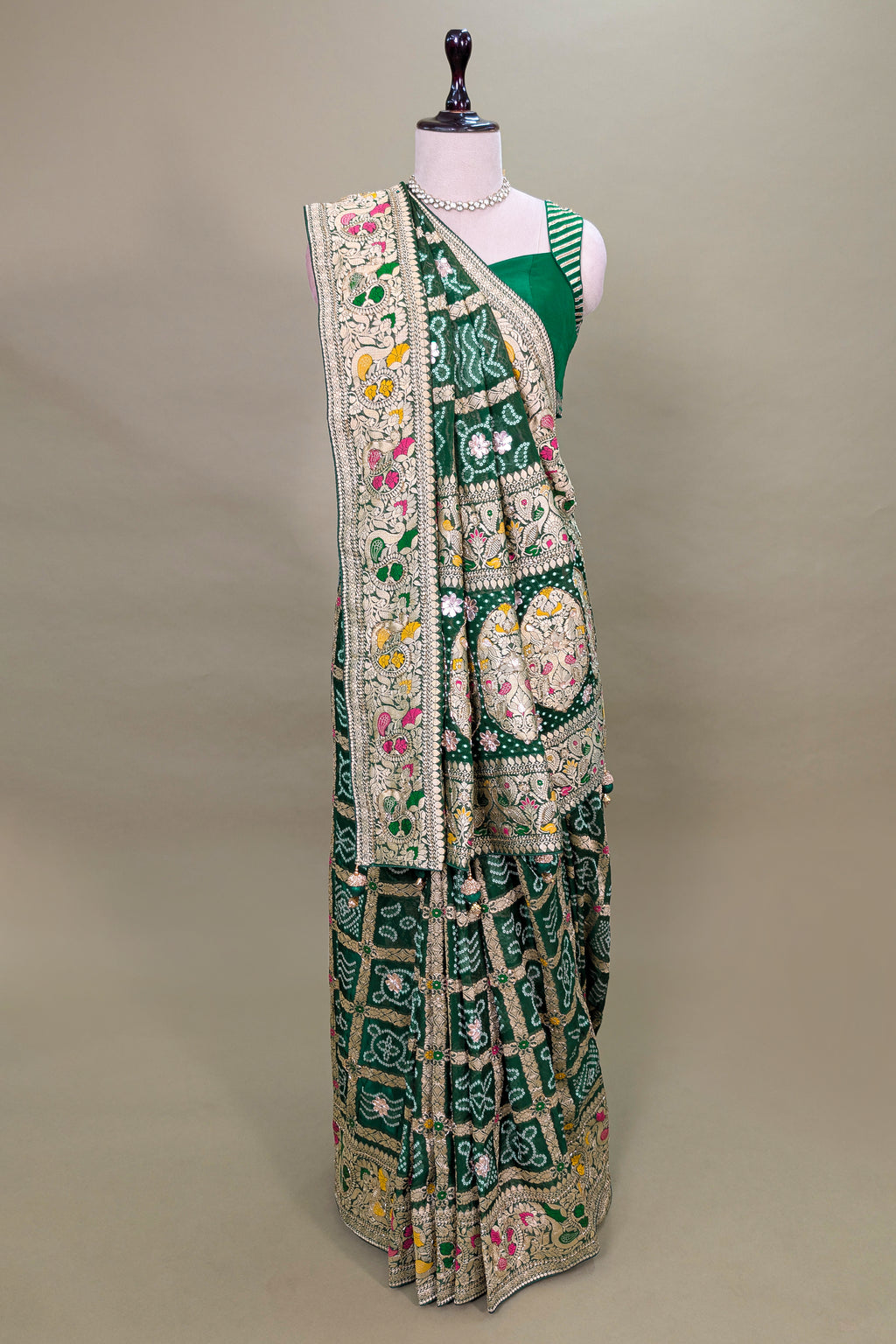 Green Georgette Bandhej Saree with Gota and Cutdana Work