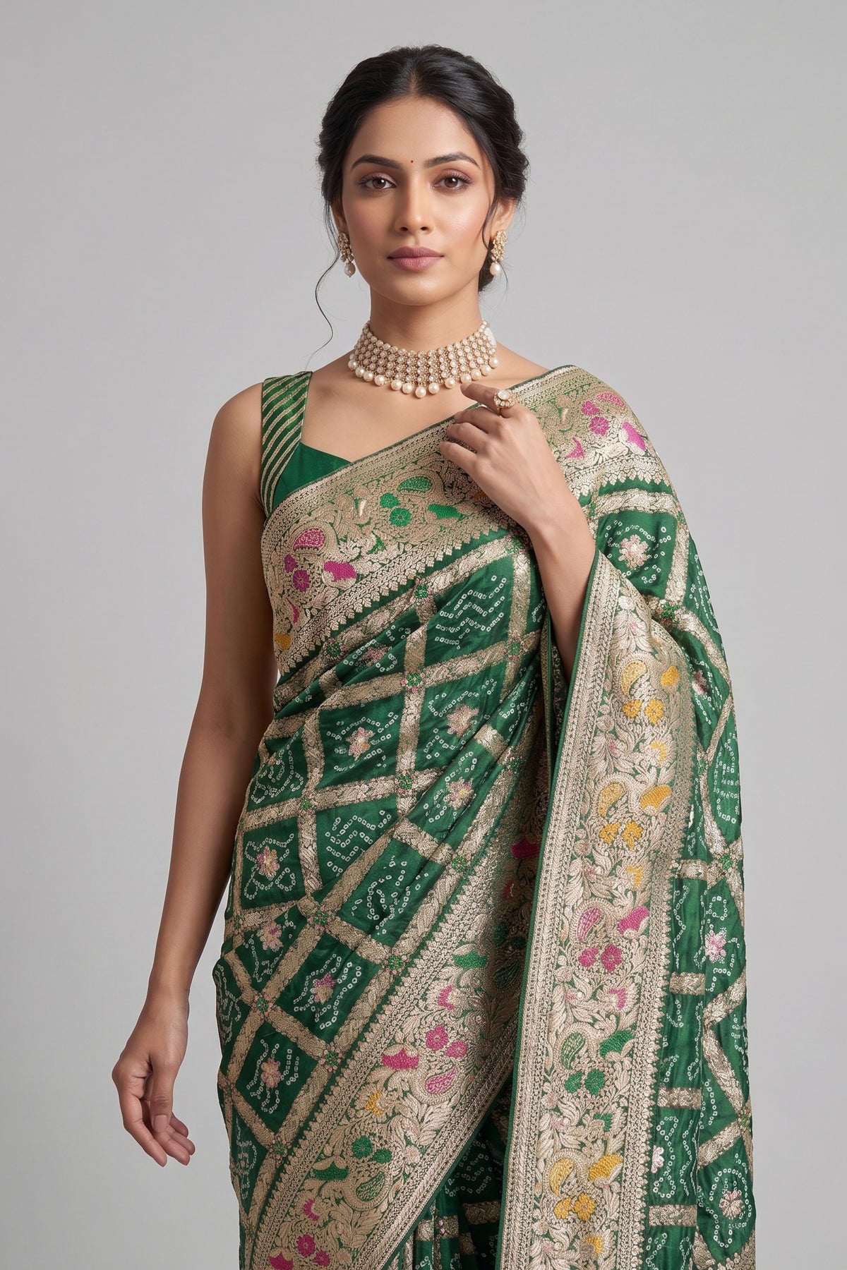 Green Georgette Bandhej Saree with Gota and Cutdana Work