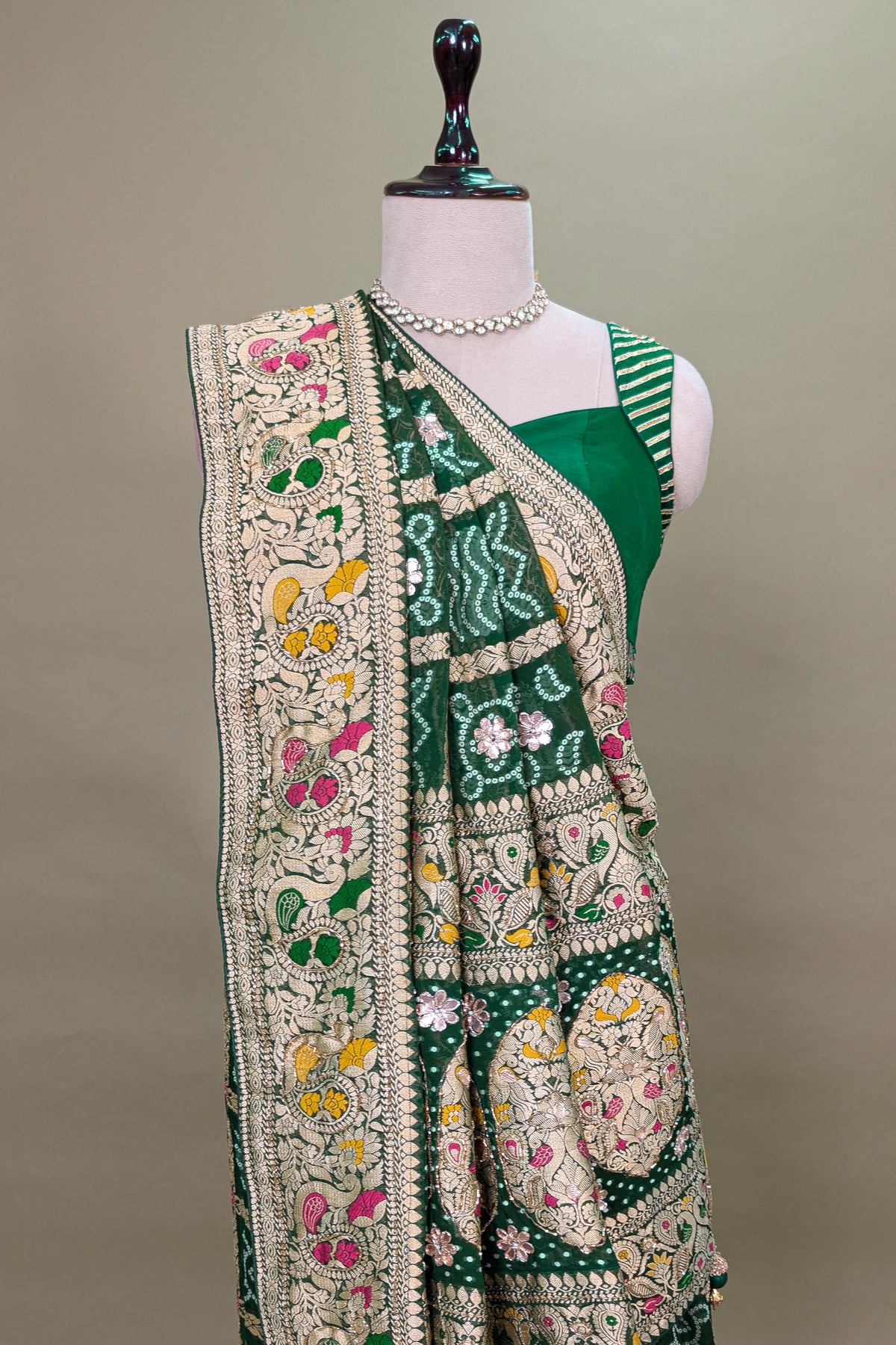 Green Georgette Bandhej Saree with Gota and Cutdana Work