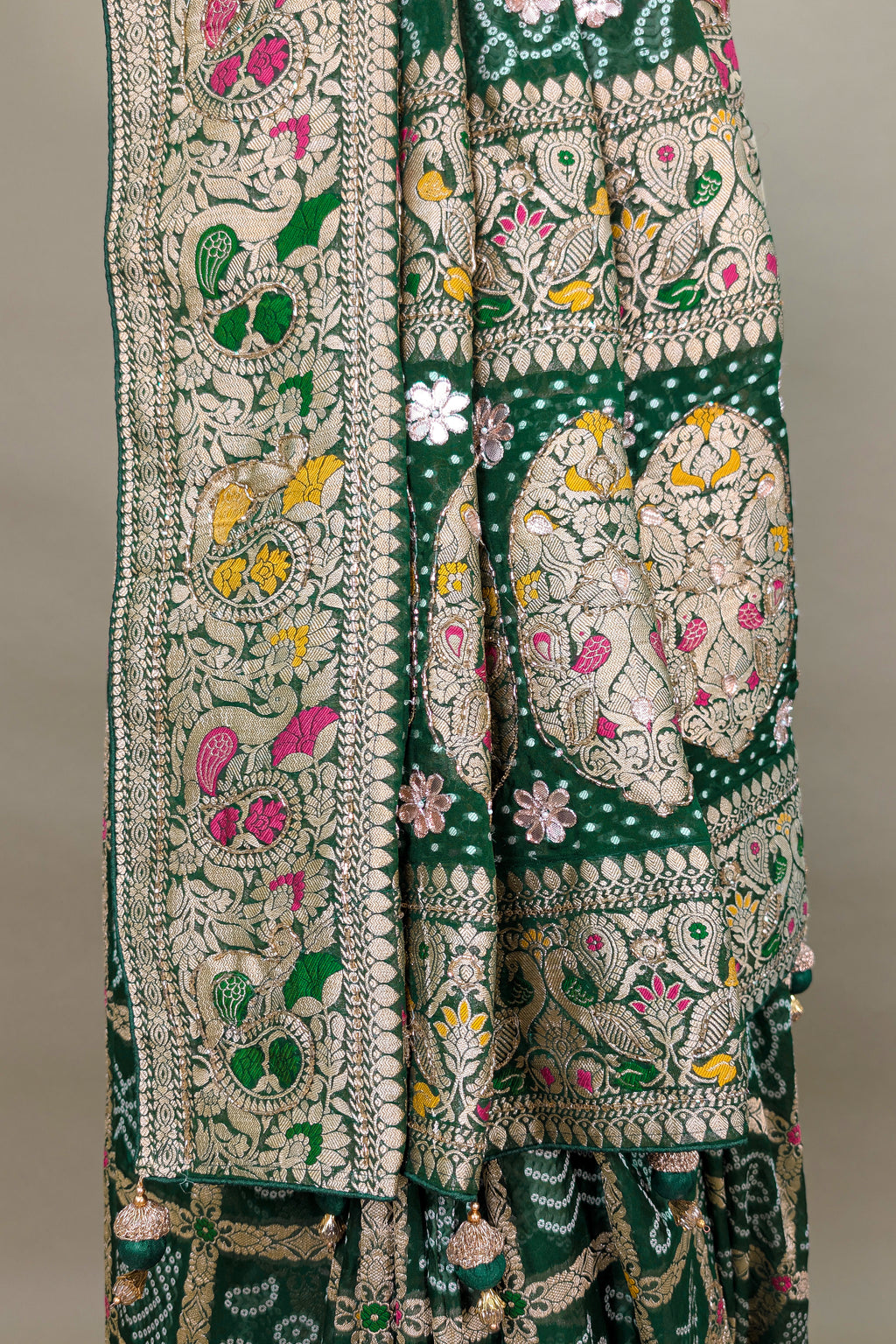 Green Georgette Bandhej Saree with Gota and Cutdana Work