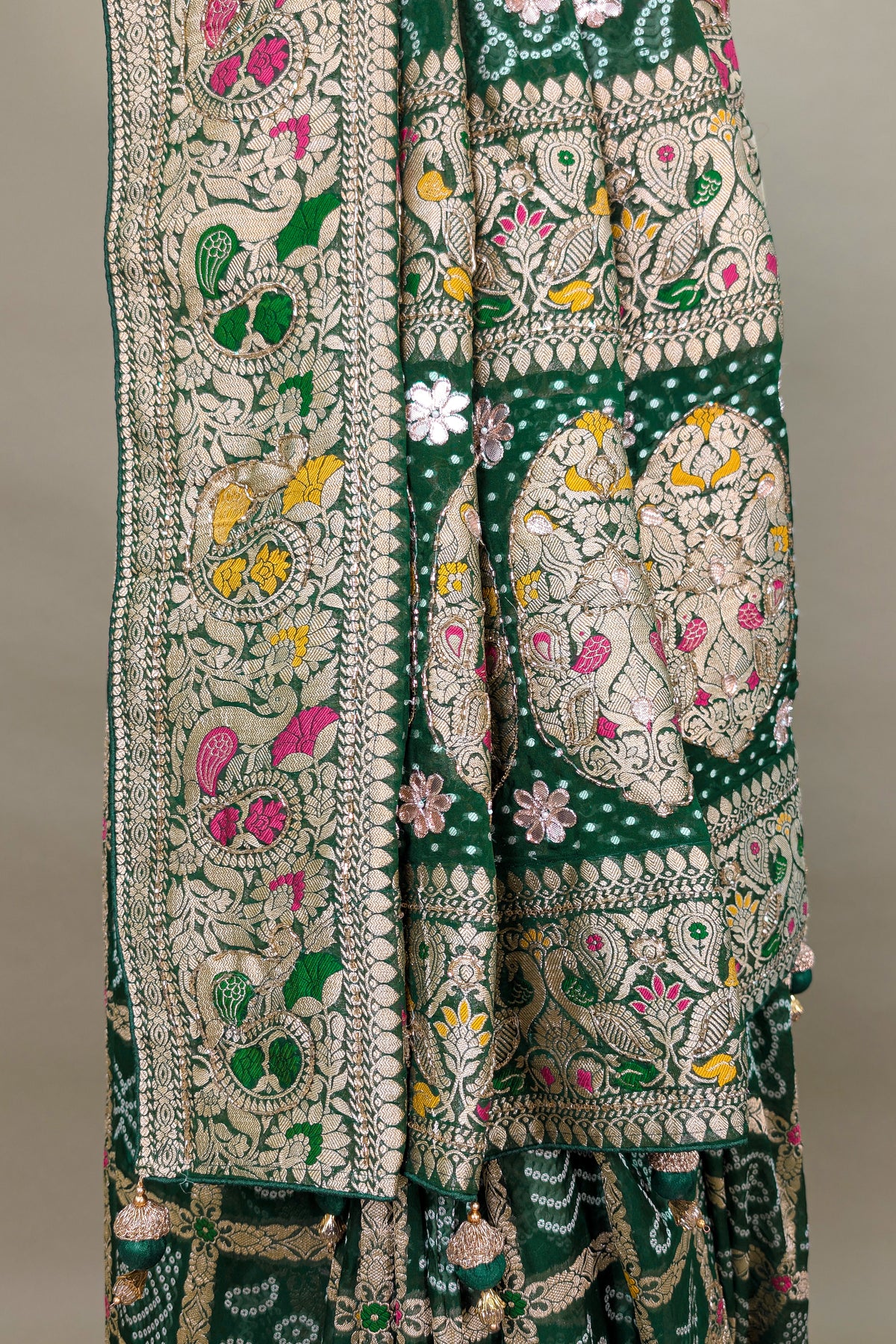 Green Georgette Bandhej Saree with Gota and Cutdana Work