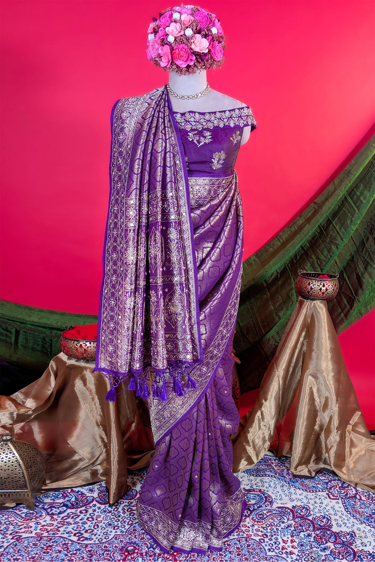 Purple Dola Silk All Over Woven Traditional Saree with Cutdana and Gota Work