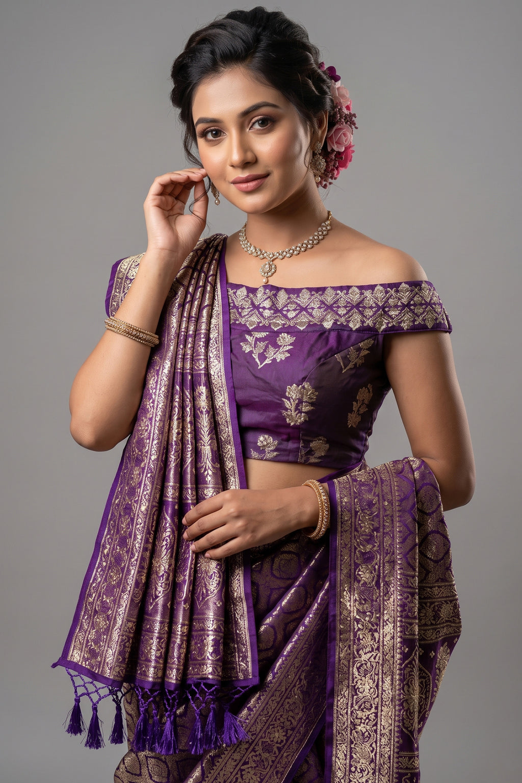 Purple Dola Silk All Over Woven Traditional Saree with Cutdana and Gota Work