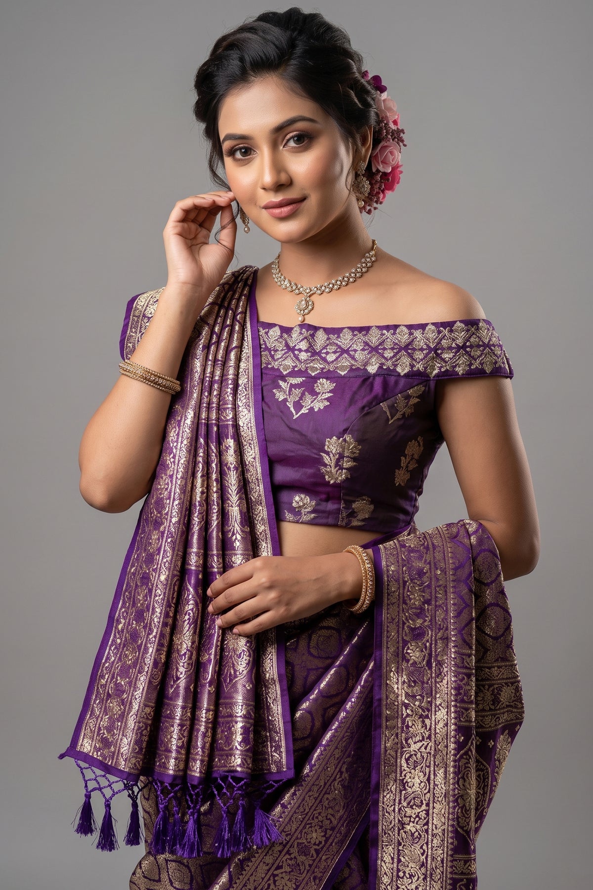 Purple Dola Silk All Over Woven Traditional Saree with Cutdana and Gota Work