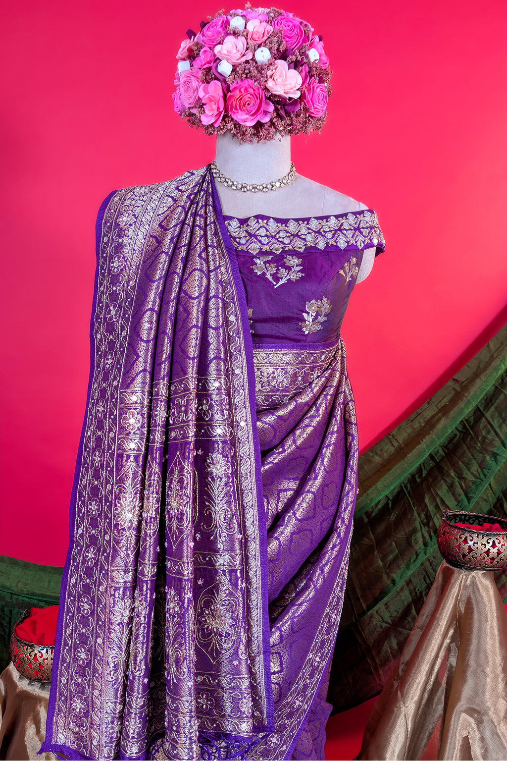 Purple Dola Silk All Over Woven Traditional Saree with Cutdana and Gota Work