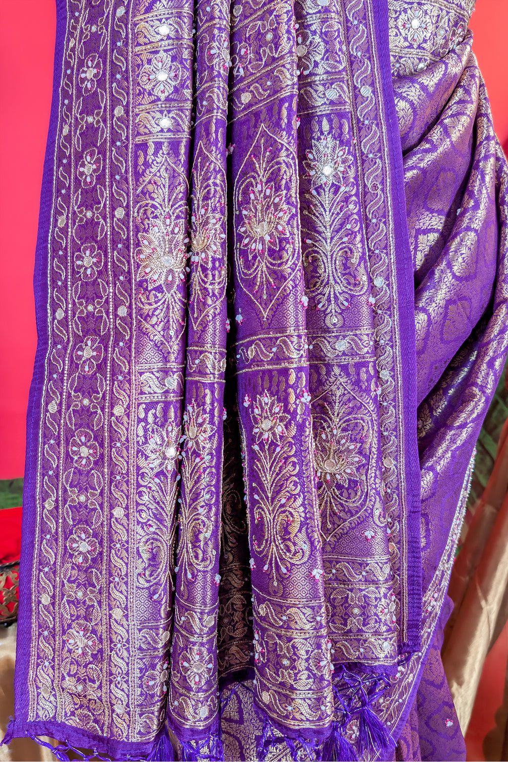 Purple Dola Silk All Over Woven Traditional Saree with Cutdana and Gota Work