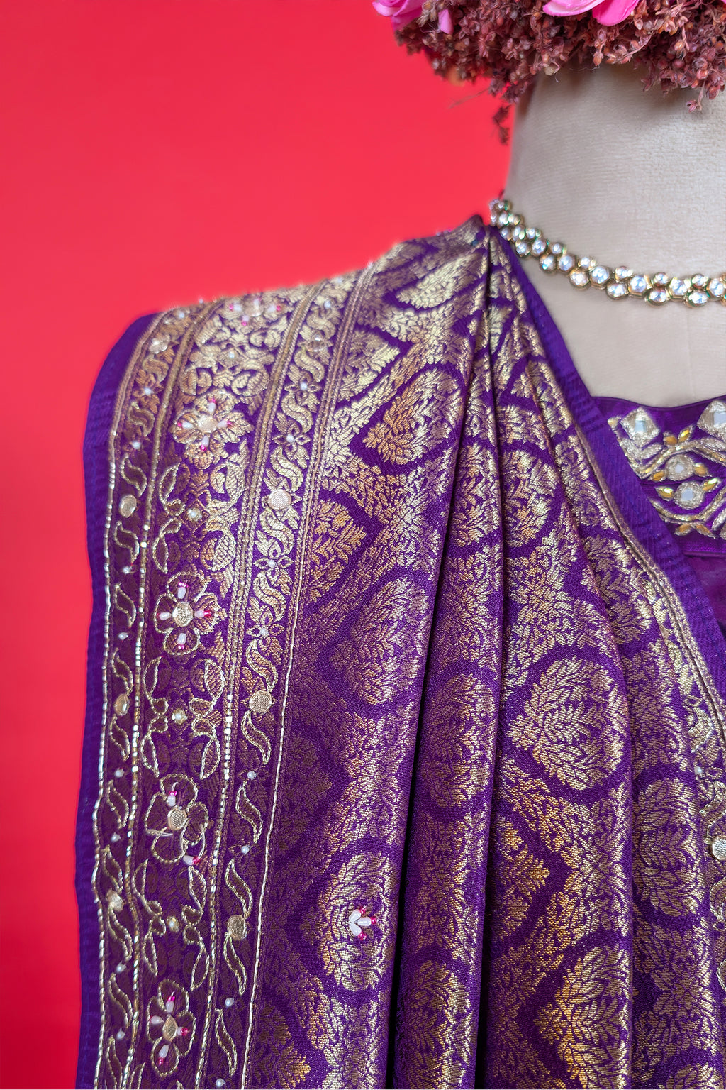 Purple Dola Silk All Over Woven Traditional Saree with Cutdana and Gota Work