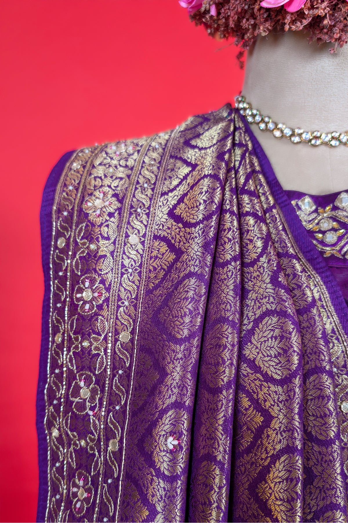 Purple Dola Silk All Over Woven Traditional Saree with Cutdana and Gota Work
