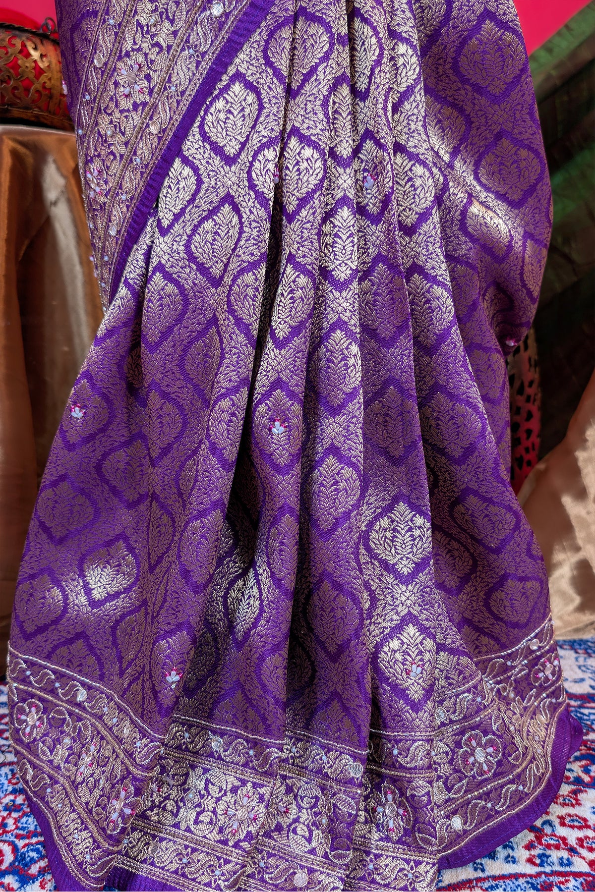 Purple Dola Silk All Over Woven Traditional Saree with Cutdana and Gota Work