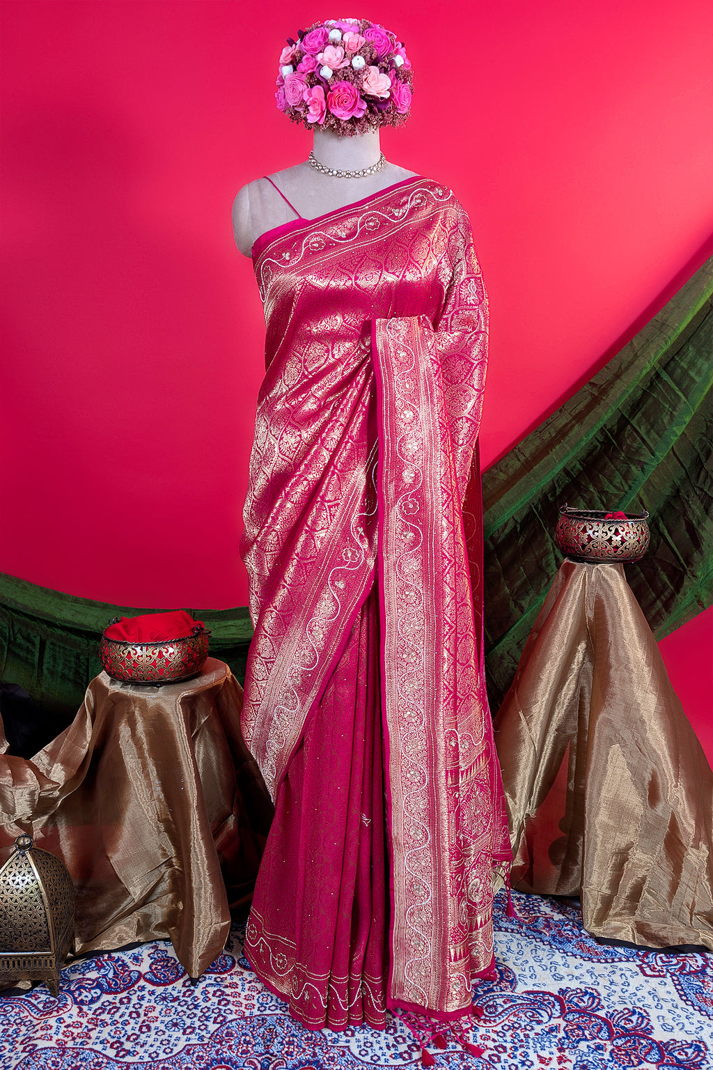 Pink Dola Silk All Over Woven Traditional Saree with Cutdana and Gota Work