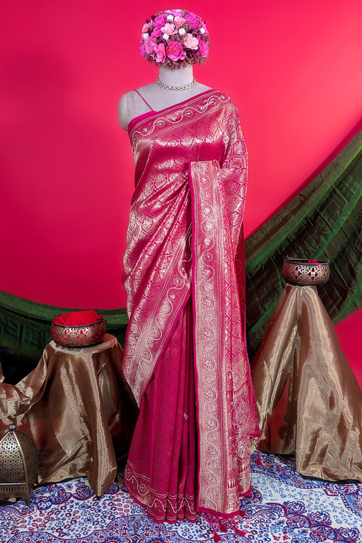 Pink Dola Silk All Over Woven Traditional Saree with Cutdana and Gota Work