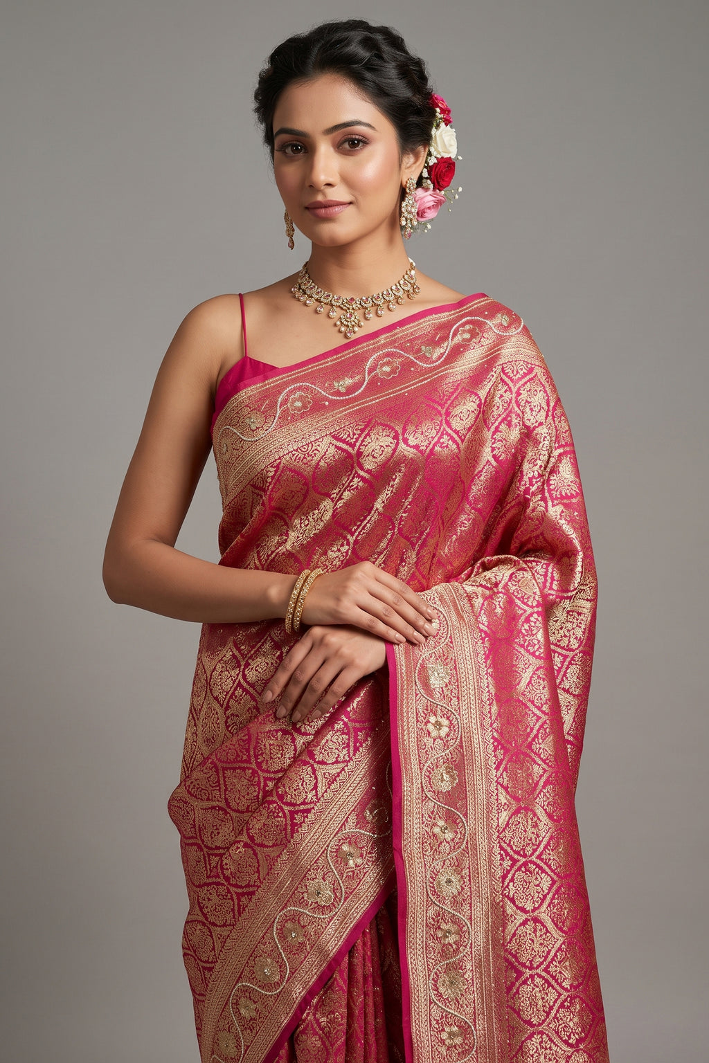 Pink Dola Silk All Over Woven Traditional Saree with Cutdana and Gota Work
