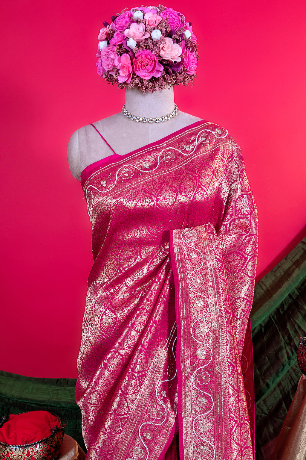 Pink Dola Silk All Over Woven Traditional Saree with Cutdana and Gota Work