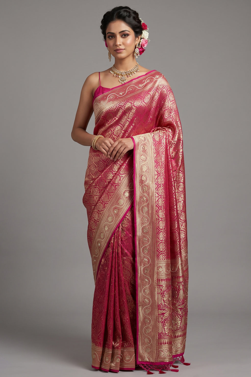 Pink Dola Silk All Over Woven Traditional Saree with Cutdana and Gota Work