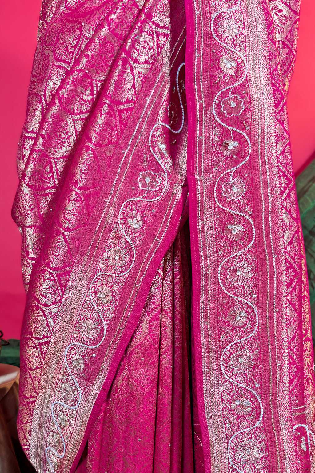 Pink Dola Silk All Over Woven Traditional Saree with Cutdana and Gota Work
