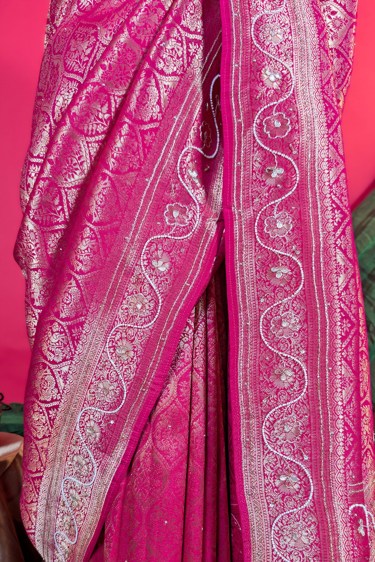 Pink Dola Silk All Over Woven Traditional Saree with Cutdana and Gota Work