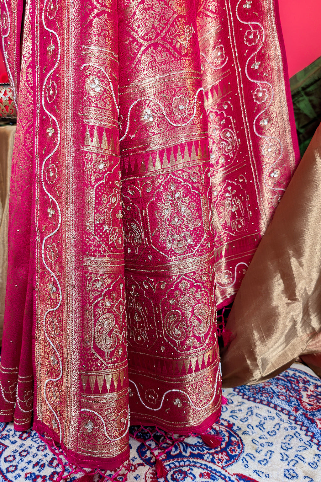 Pink Dola Silk All Over Woven Traditional Saree with Cutdana and Gota Work