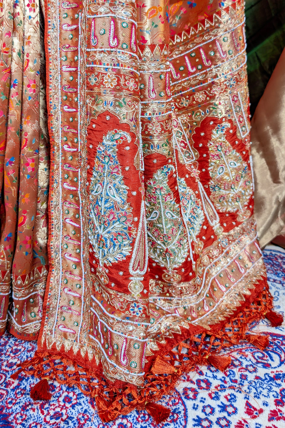 Orange Dola Silk Traditional Meenakari Woven Saree with Heavy Work Border and Pallu