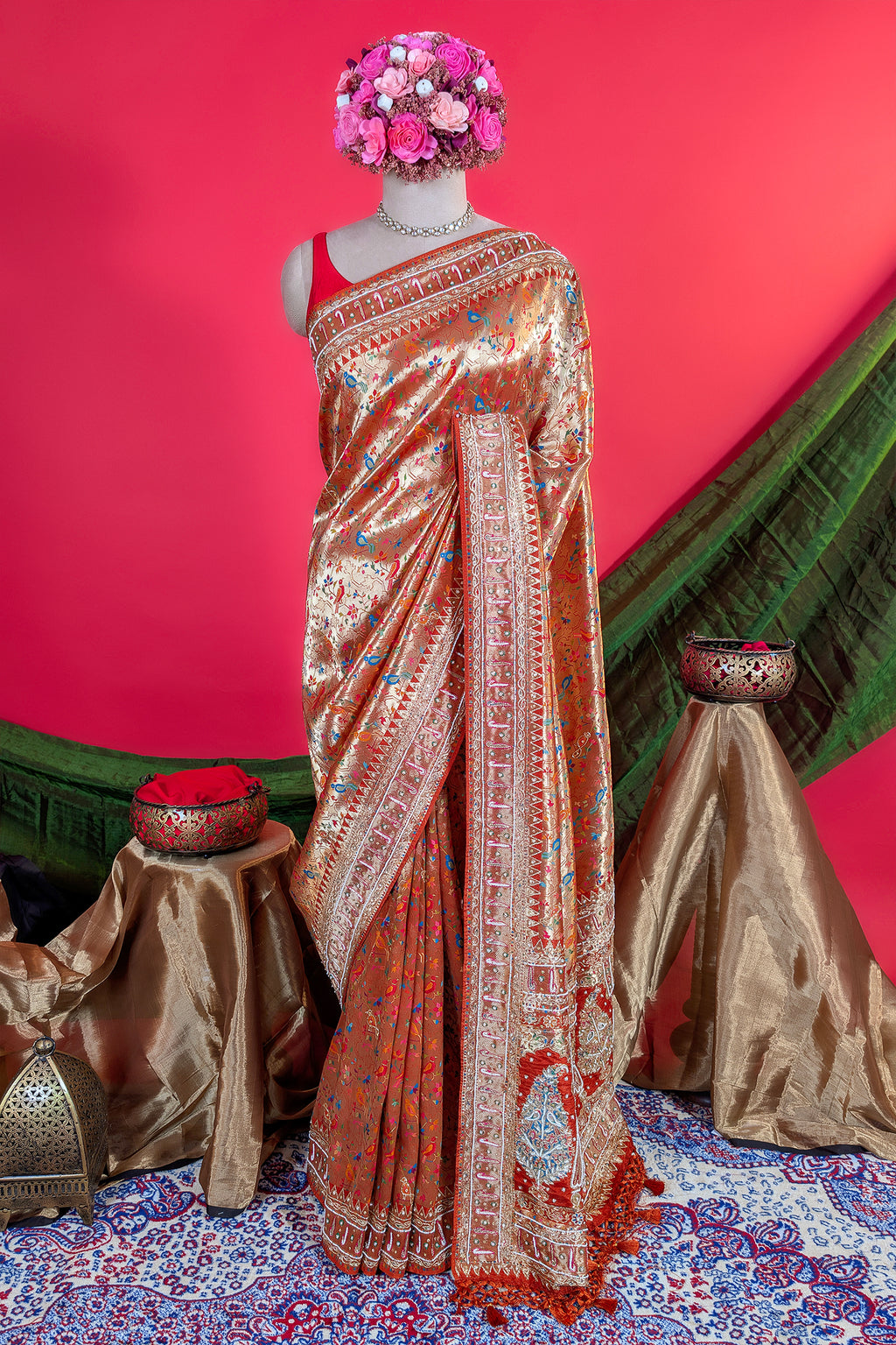 Orange Dola Silk Traditional Meenakari Woven Saree with Heavy Work Border and Pallu