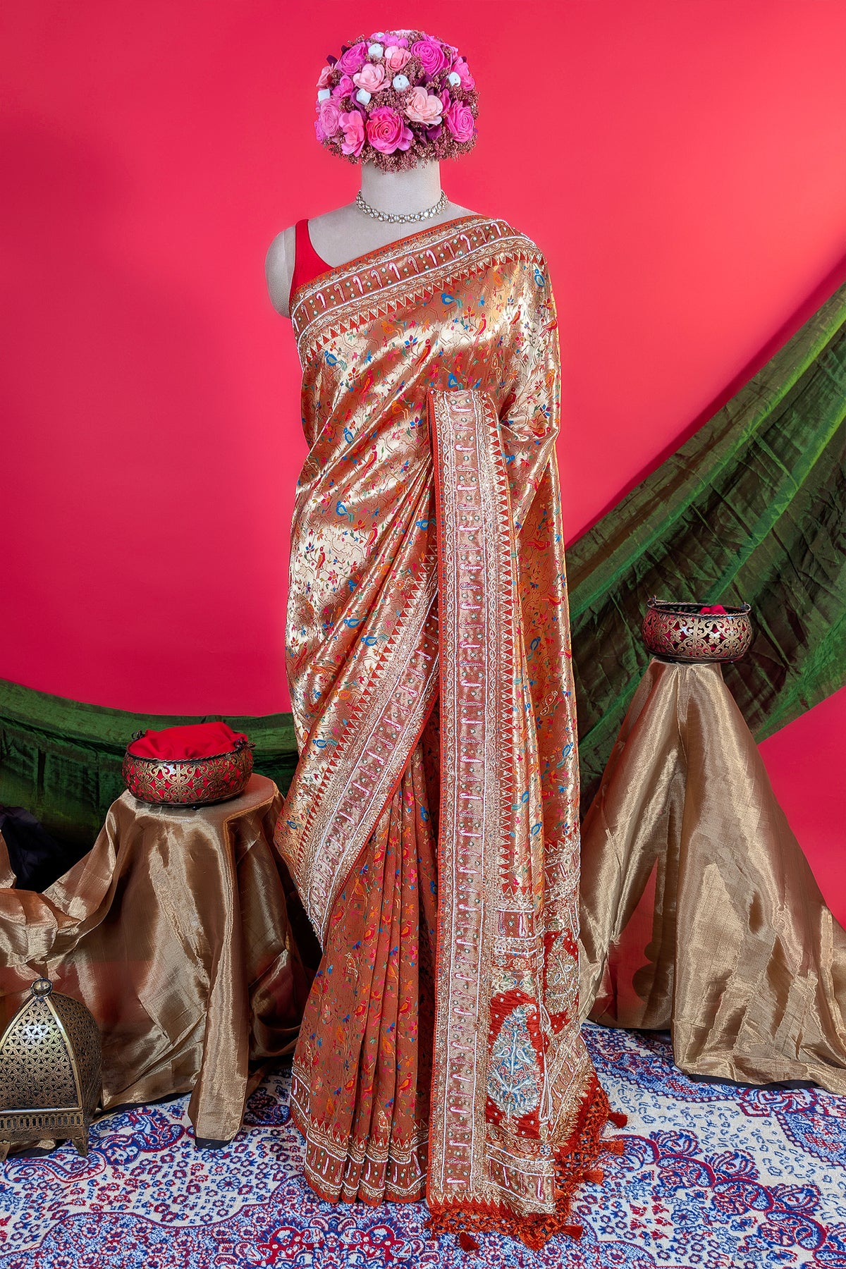 Orange Dola Silk Traditional Meenakari Woven Saree with Heavy Work Border and Pallu