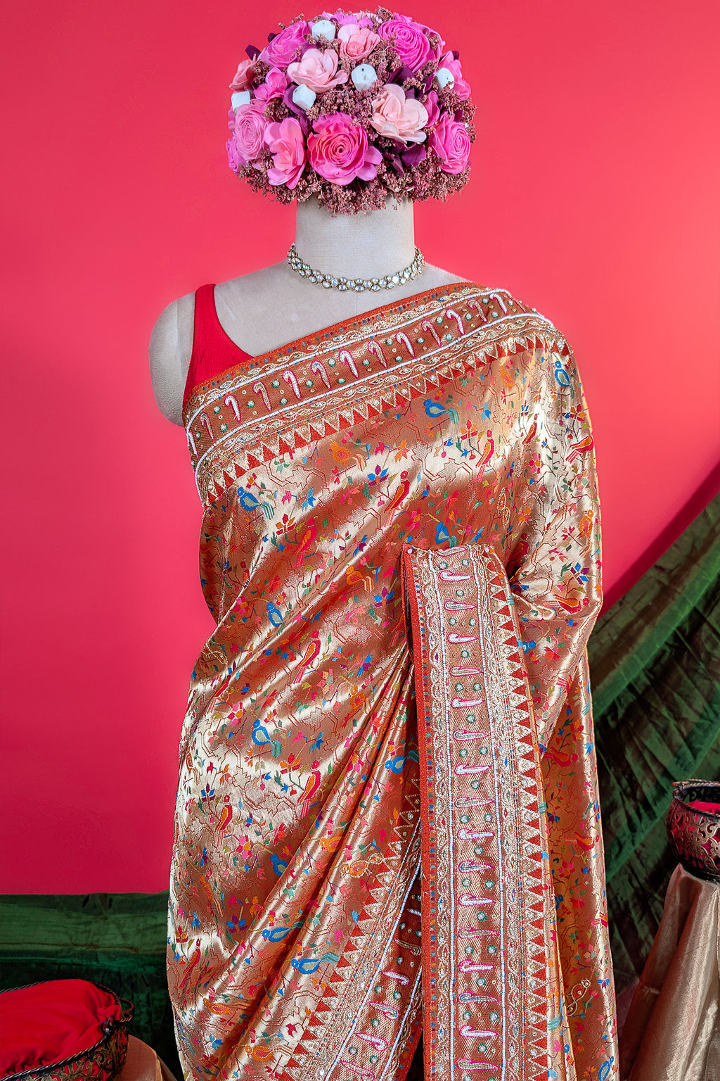 Orange Dola Silk Traditional Meenakari Woven Saree with Heavy Work Border and Pallu