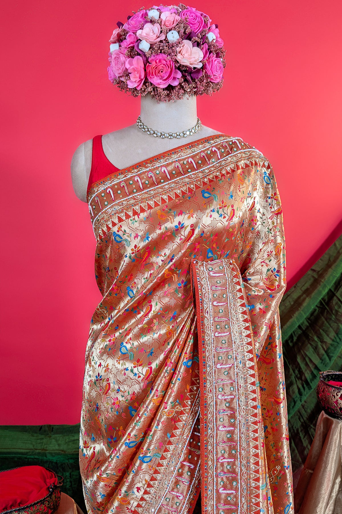 Orange Dola Silk Traditional Meenakari Woven Saree with Heavy Work Border and Pallu