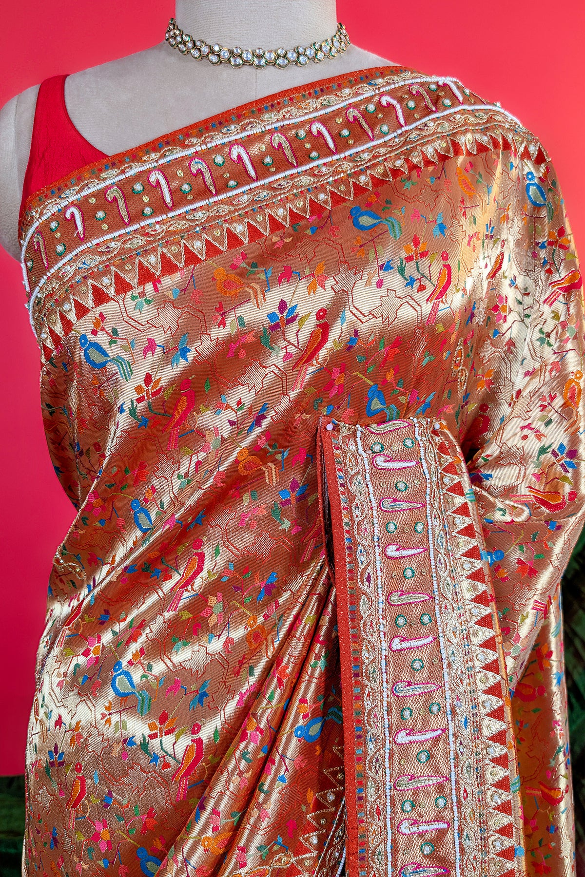 Orange Dola Silk Traditional Meenakari Woven Saree with Heavy Work Border and Pallu