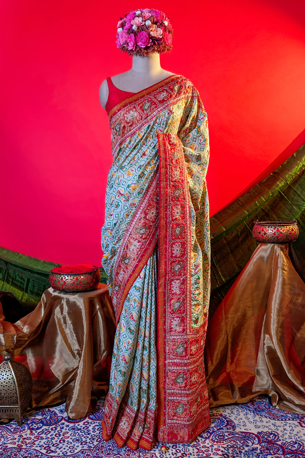Cream Silk Patola Woven Traditional Saree with Contrast Border and Pallu