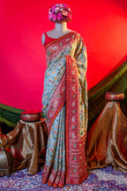 Cream Silk Patola Woven Traditional Saree with Contrast Border and Pallu