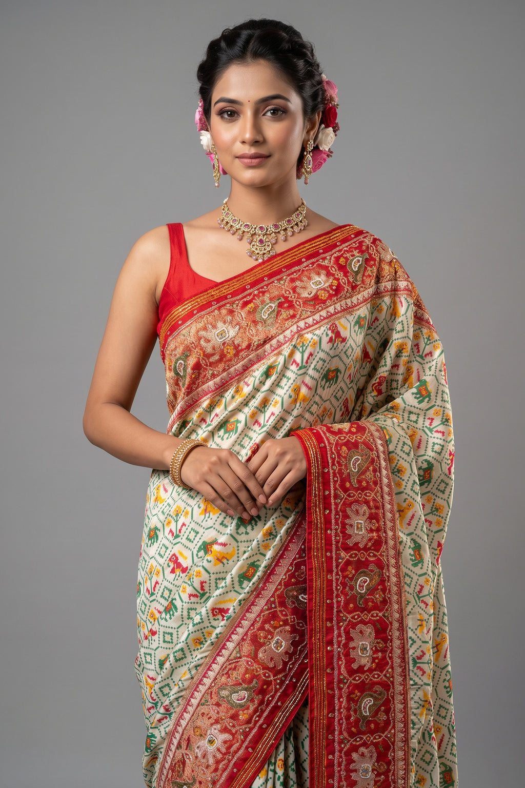 Cream Silk Patola Woven Traditional Saree with Contrast Border and Pallu