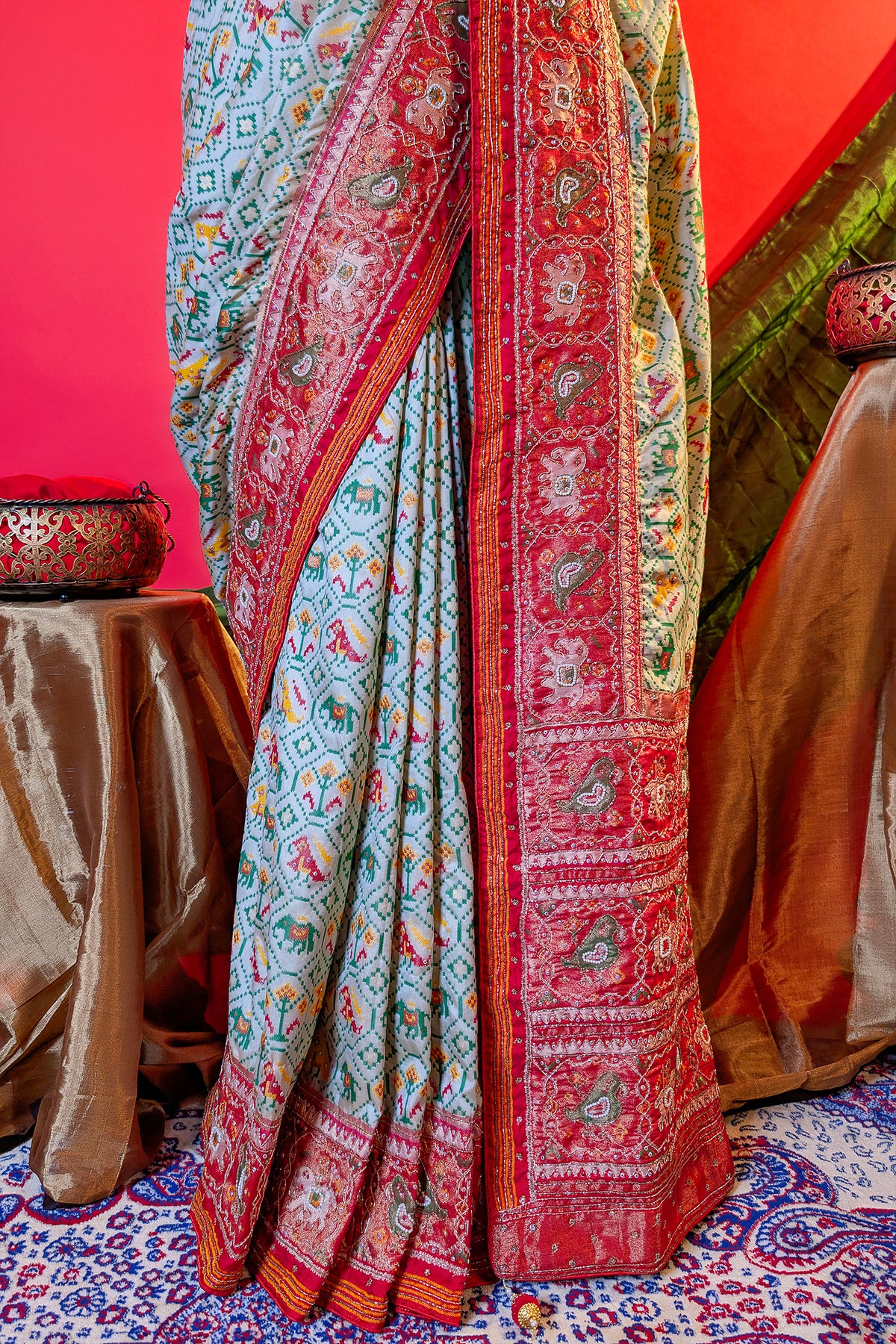 Cream Silk Patola Woven Traditional Saree with Contrast Border and Pallu