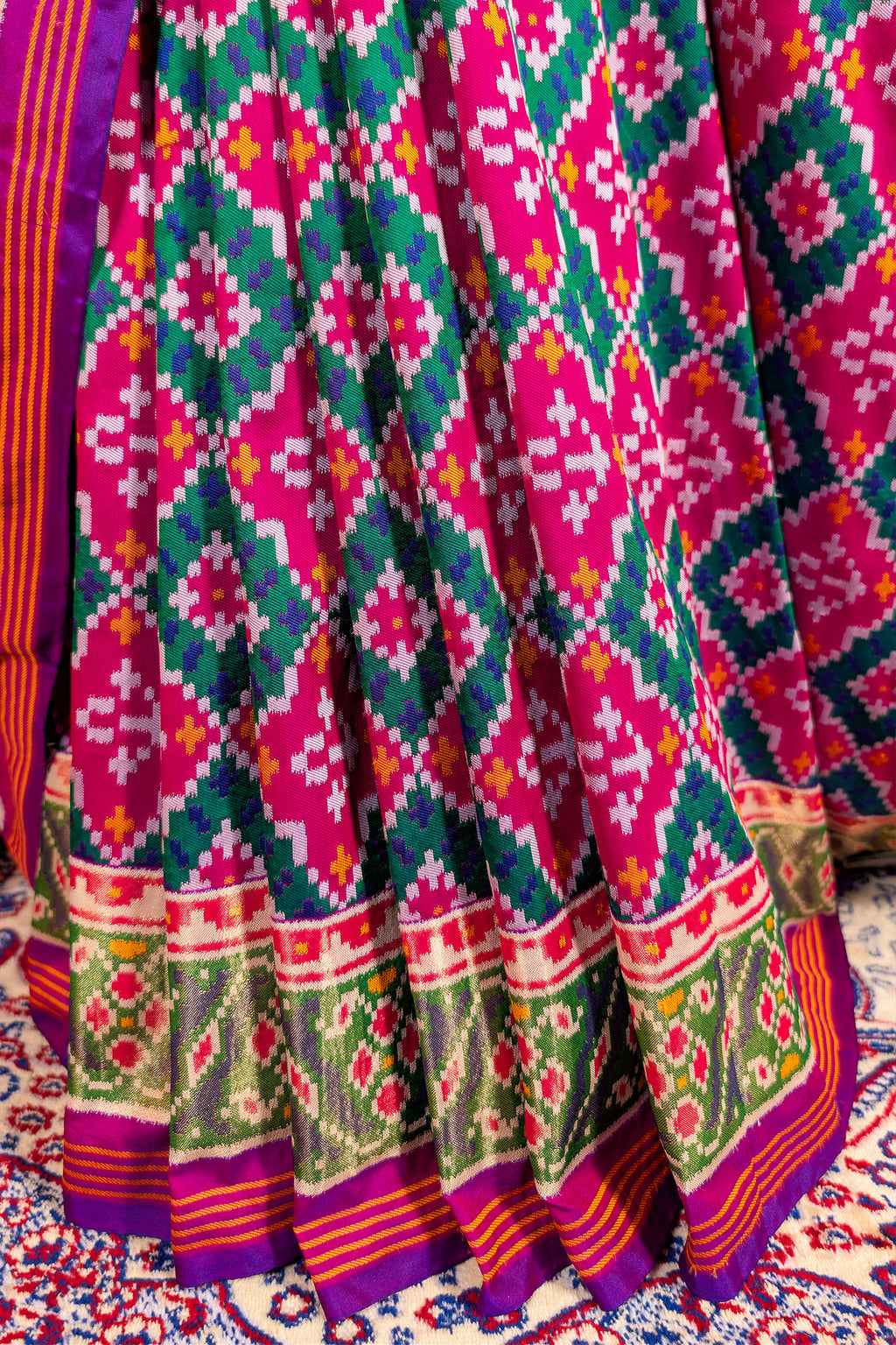 Pink and Green Art Silk Patola Woven Saree