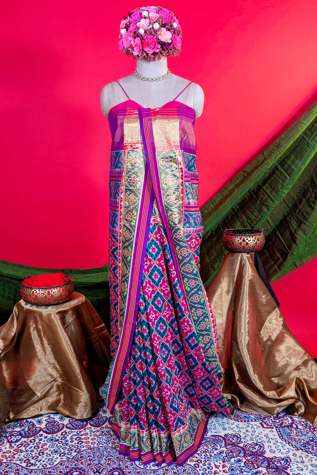 Pink and Green Art Silk Patola Woven Saree