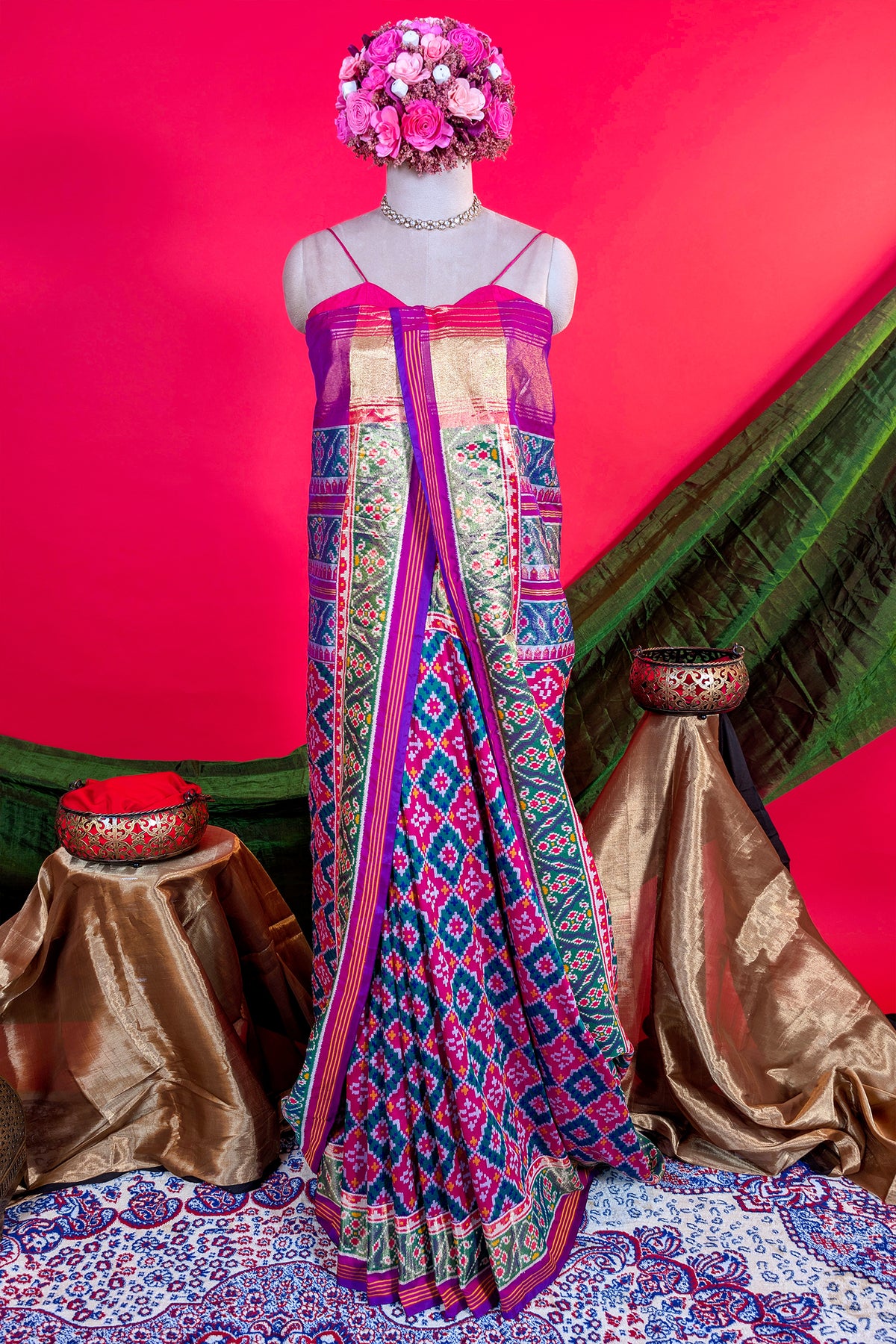 Pink and Green Art Silk Patola Woven Saree