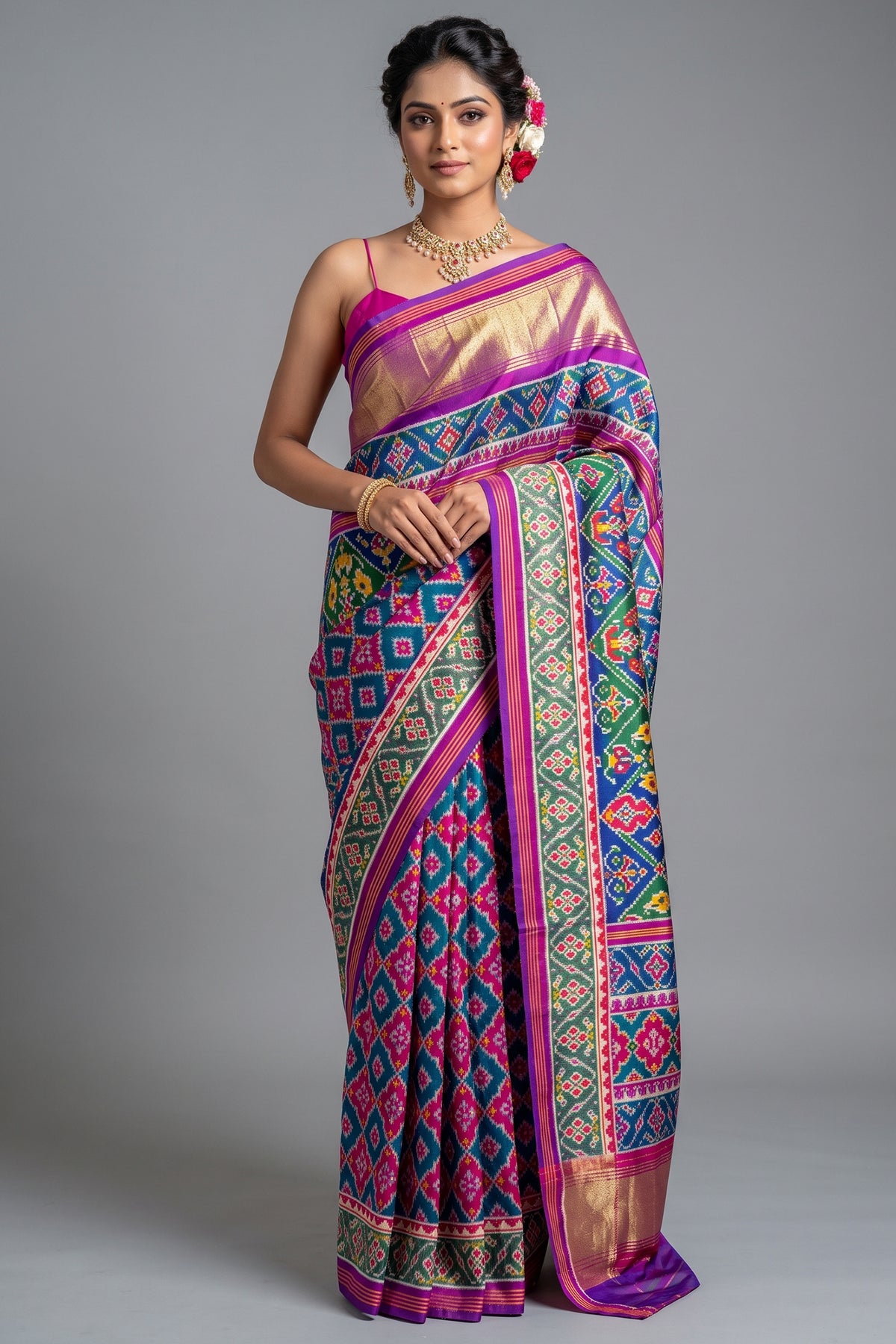 Pink and Green Art Silk Patola Woven Saree