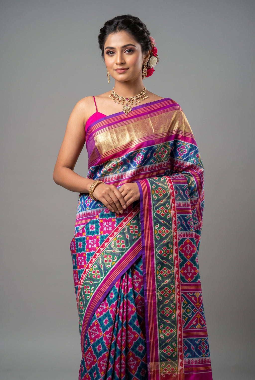 Pink and Green Art Silk Patola Woven Saree