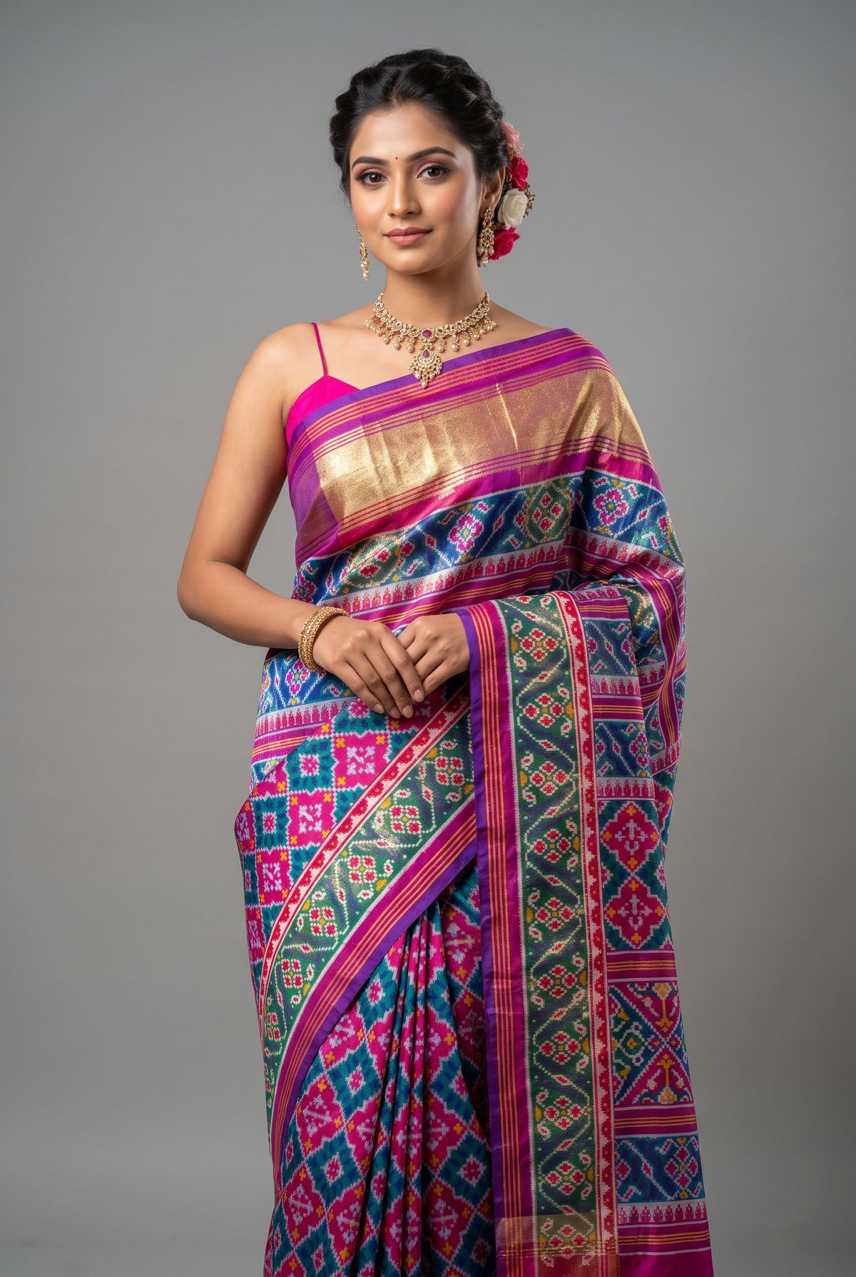 Pink and Green Art Silk Patola Woven Saree