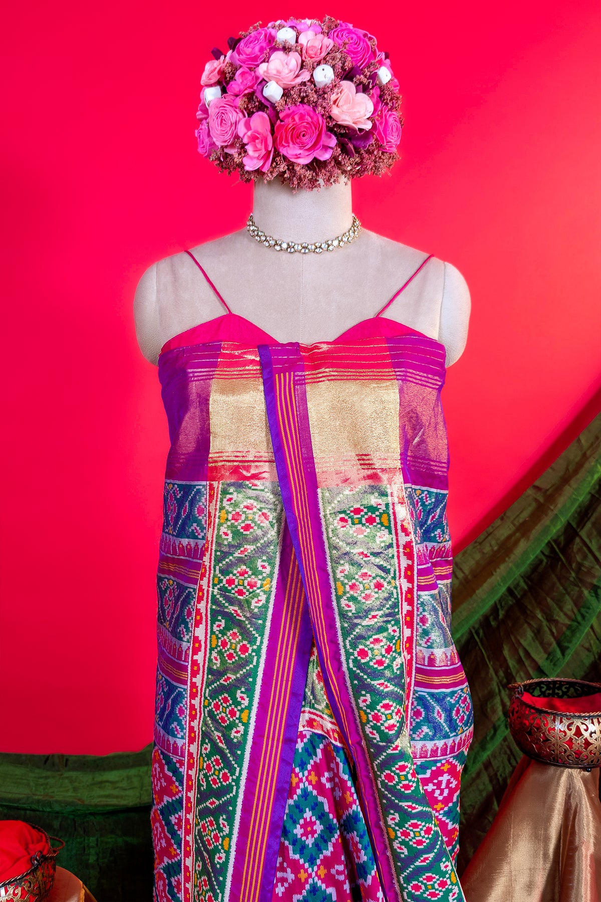 Pink and Green Art Silk Patola Woven Saree
